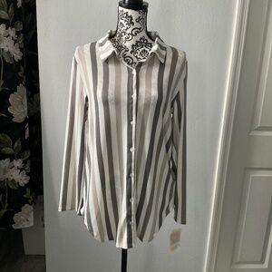 White with gray stripes, long sleeves, button down shirt.